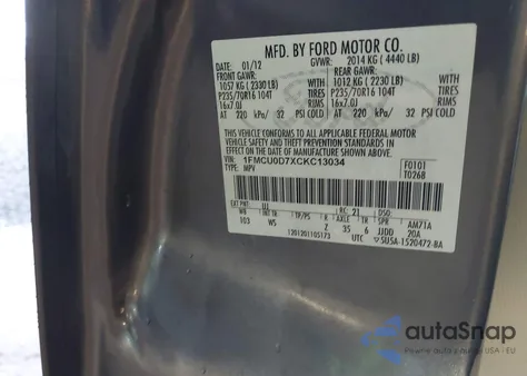 2012 Ford Escape Xlt from USA, damaged, VIN 1FMCU0D7XCKC13034